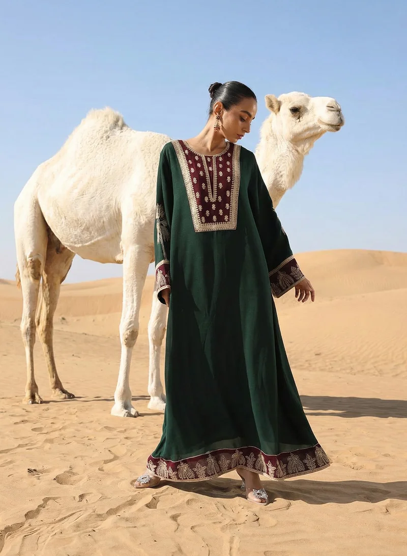 آي شين Dark Green Zari Embroidered Colourblock Abaya